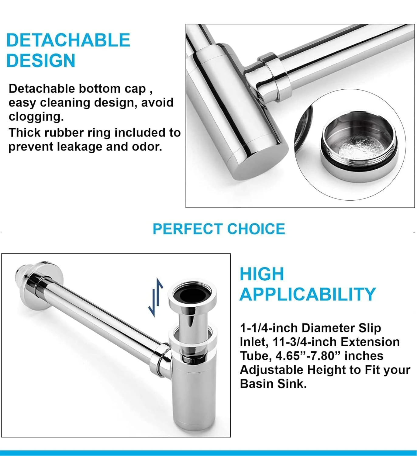 12 inch Stainless Steel Silver Bottle Trap with Flange - Image 7