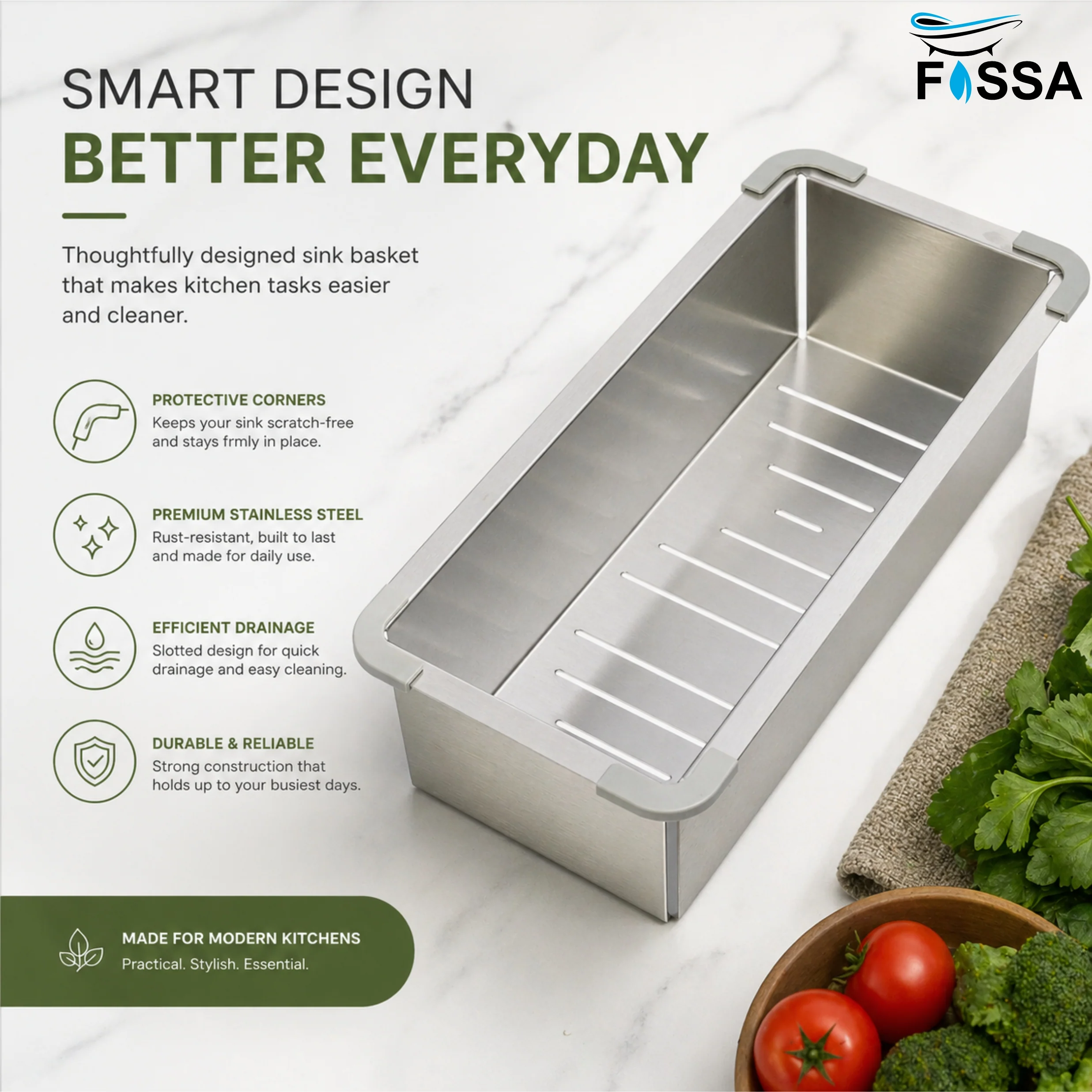 Fossa 15"x4" 304 Stainless Steel Handmade Colander for Single & Double Bowl Kitchen Sink - Matte Silver - Image 5