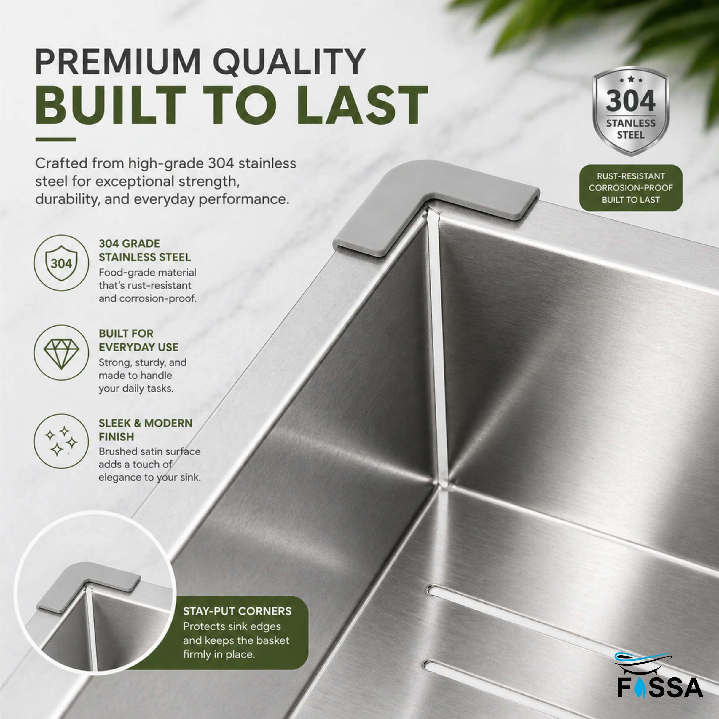 Fossa 15"x4" 304 Stainless Steel Handmade Colander for Single & Double Bowl Kitchen Sink - Matte Silver - Image 9