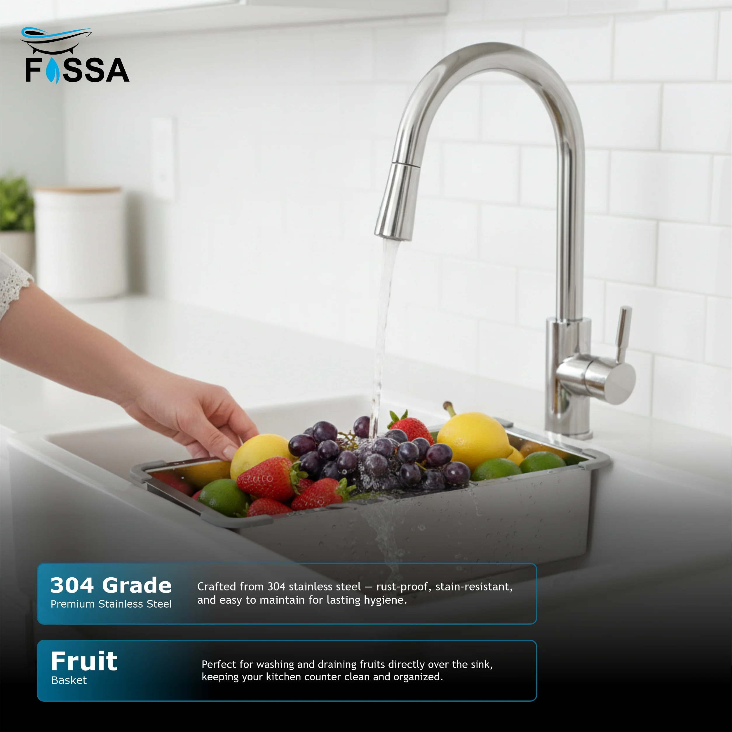 Fossa 19"x4" 304 Stainless Steel Handmade Colander for Single & Double Bowl Kitchen Sink - Matte Silver - Image 6