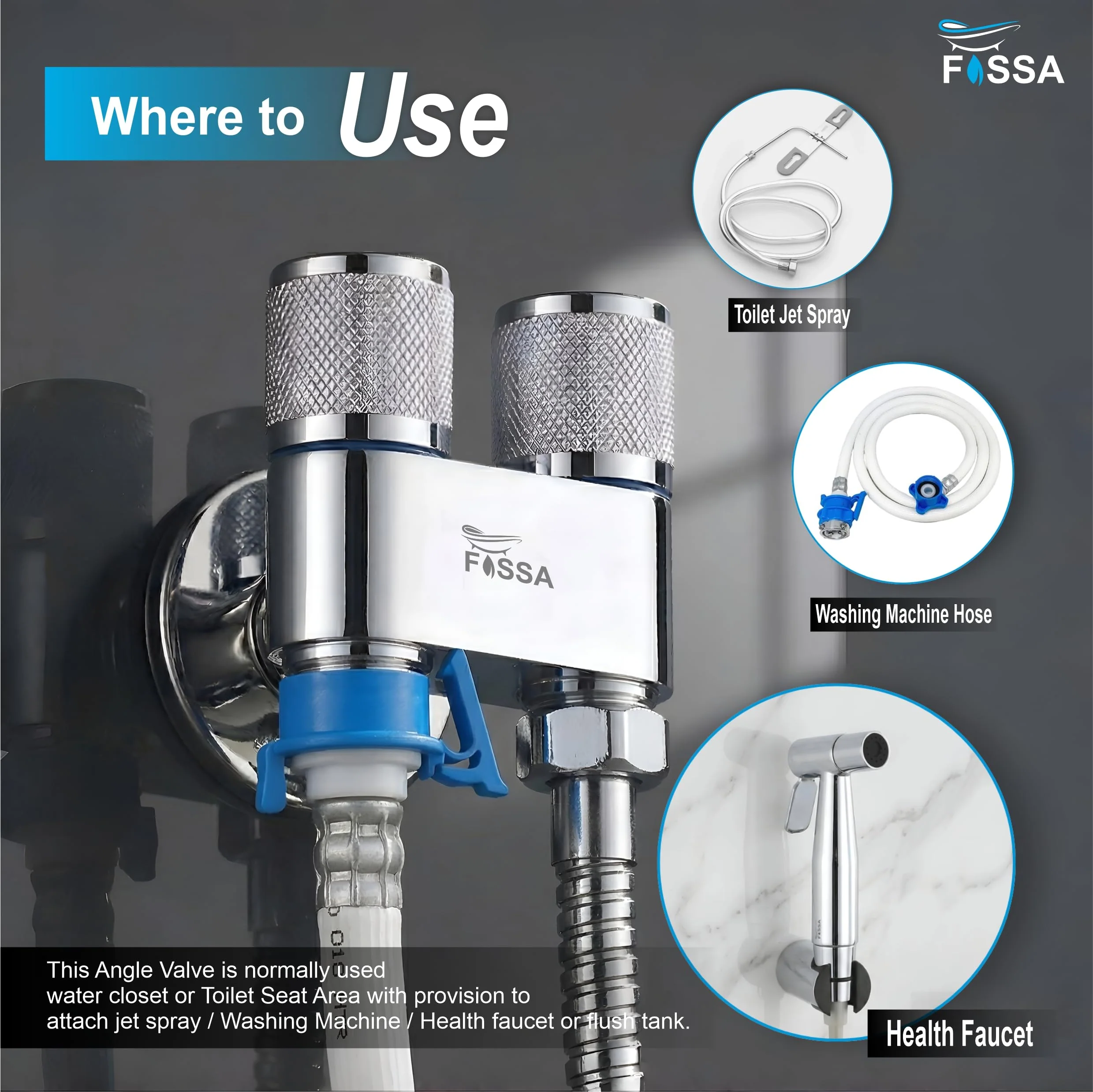 2 Way Galaxy Silver SS Washing Machine Angle Valve with Nozzle - Image 5