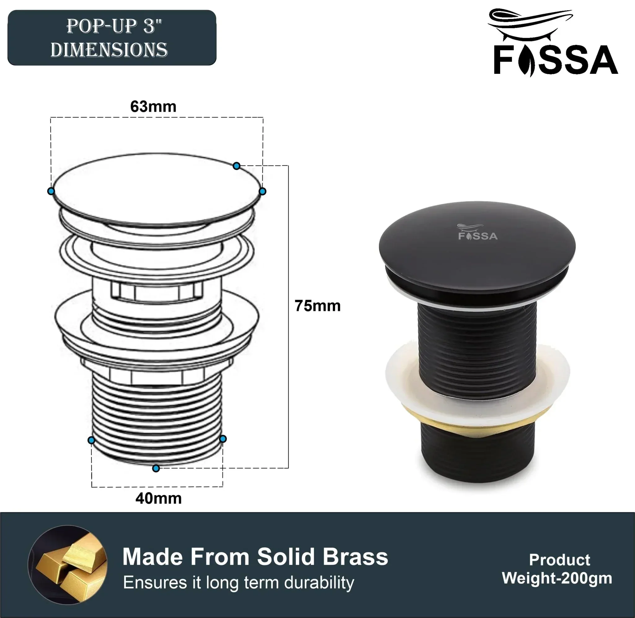 3 Inch Black Brass Pop Up Waste Coupling - Image 2