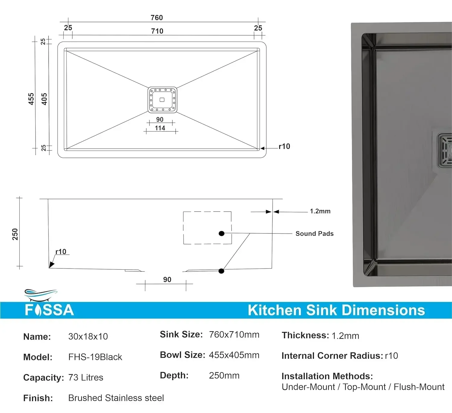 304 Handmade (30 x 18 x 10) Inch Stainless Steel Single Bowl Black Kitchen Sink - Image 2