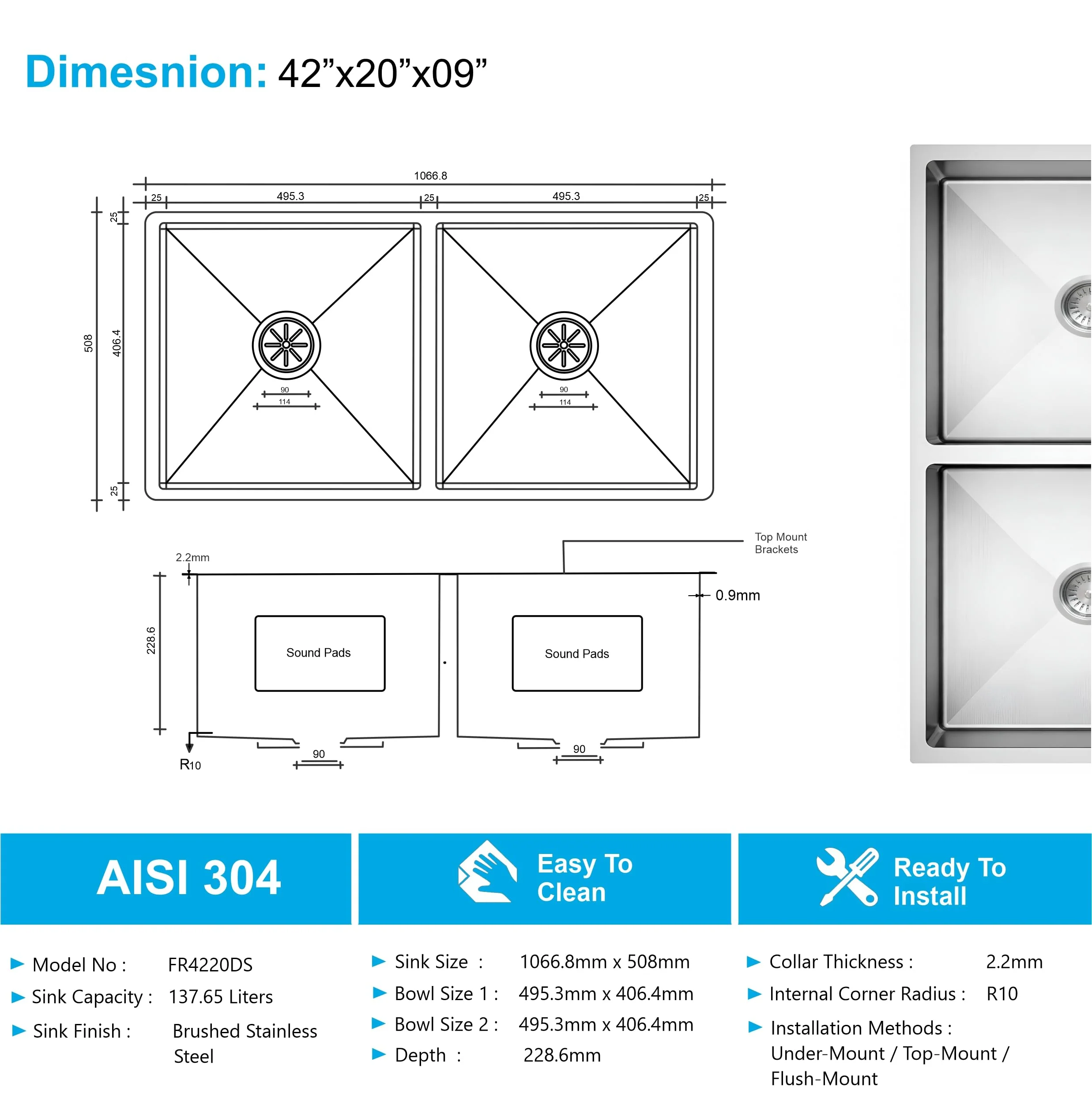 Aqua 304 Handmade  (42 x 20 x 09 ) Inch SS Double bowl Bowl Round Coupling Silver Kitchen Sink - Image 2