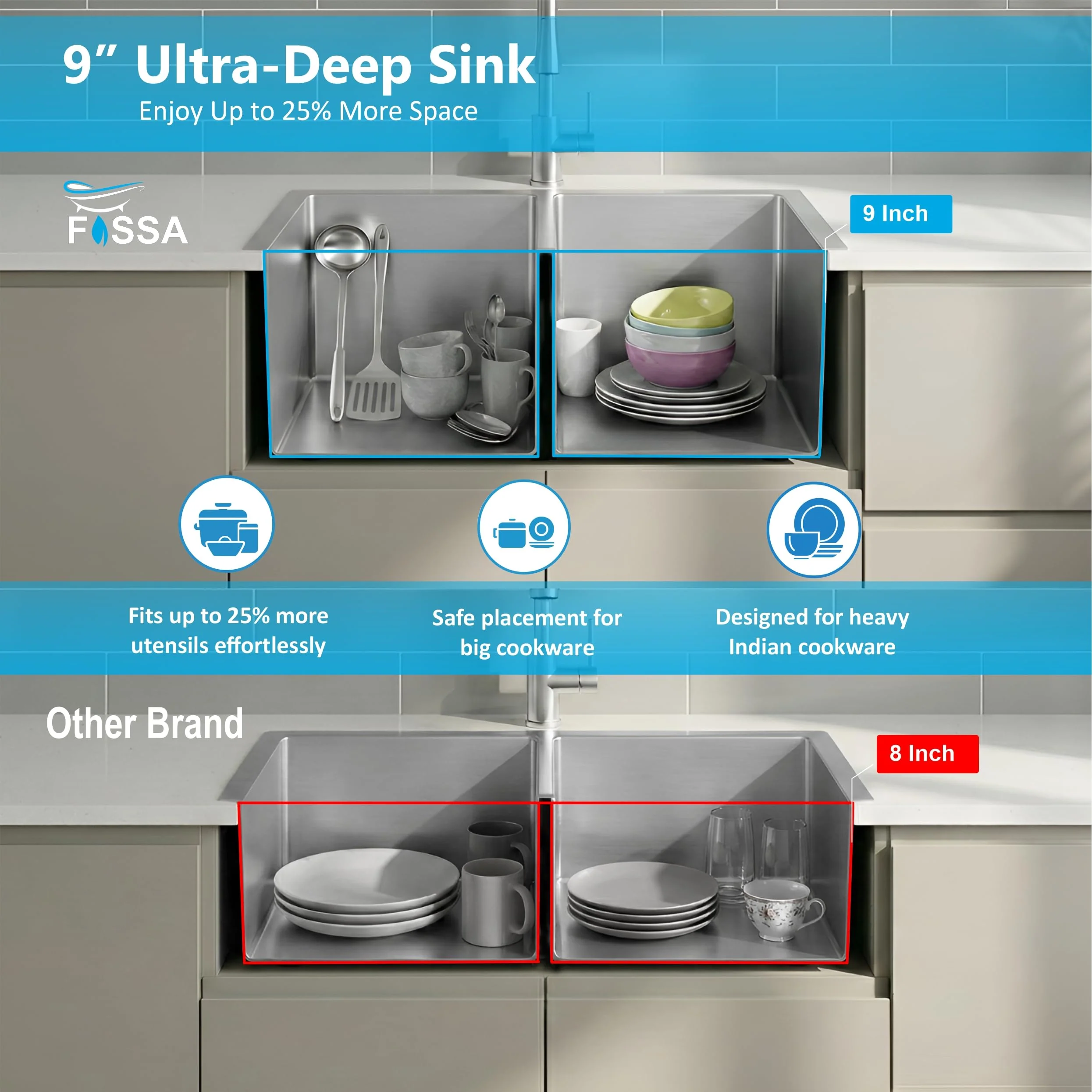 Aqua 304 Handmade  (42 x 20 x 09 ) Inch SS Double bowl Bowl Round Coupling Silver Kitchen Sink - Image 6