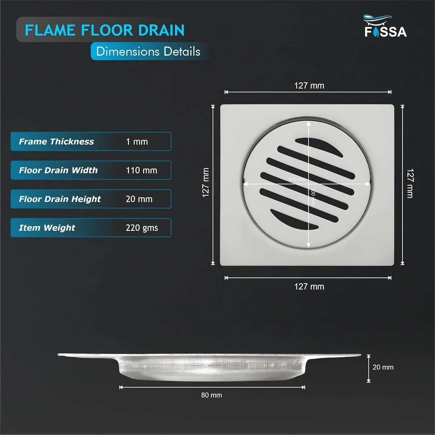 Flame Floor Drain (5 x 5 Inches) Premium Stainlees Steel - Image 2