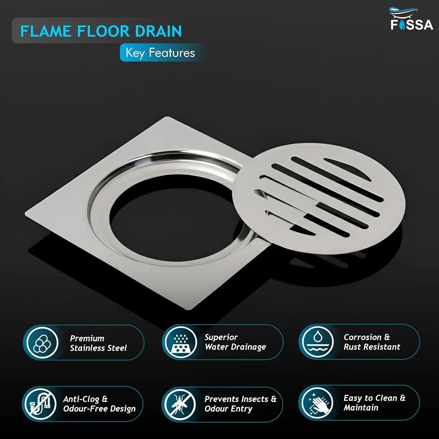 Flame Floor Drain (5 x 5 Inches) Premium Stainlees Steel - Image 3