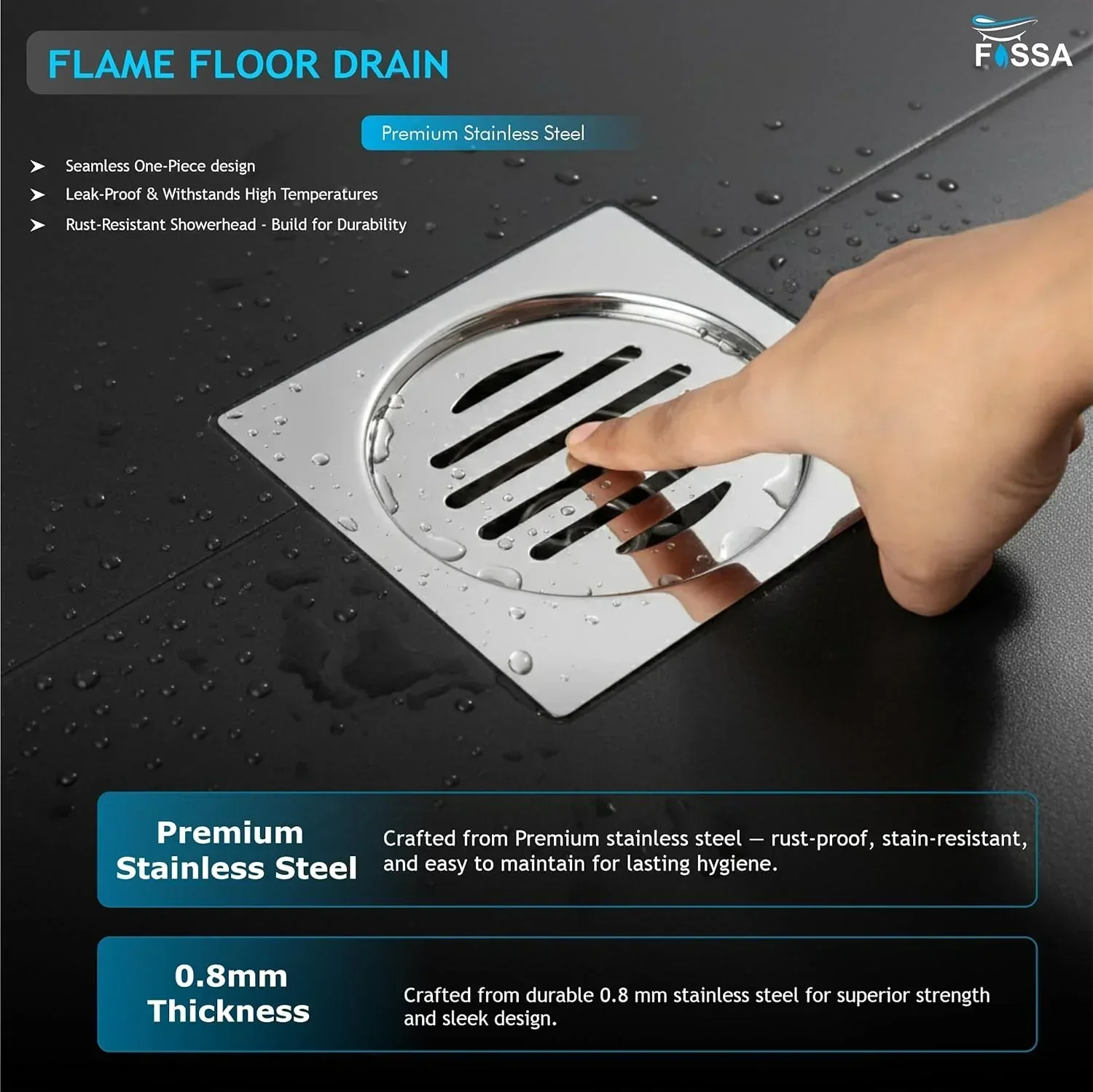 Flame Floor Drain (5 x 5 Inches) Premium Stainlees Steel - Image 4