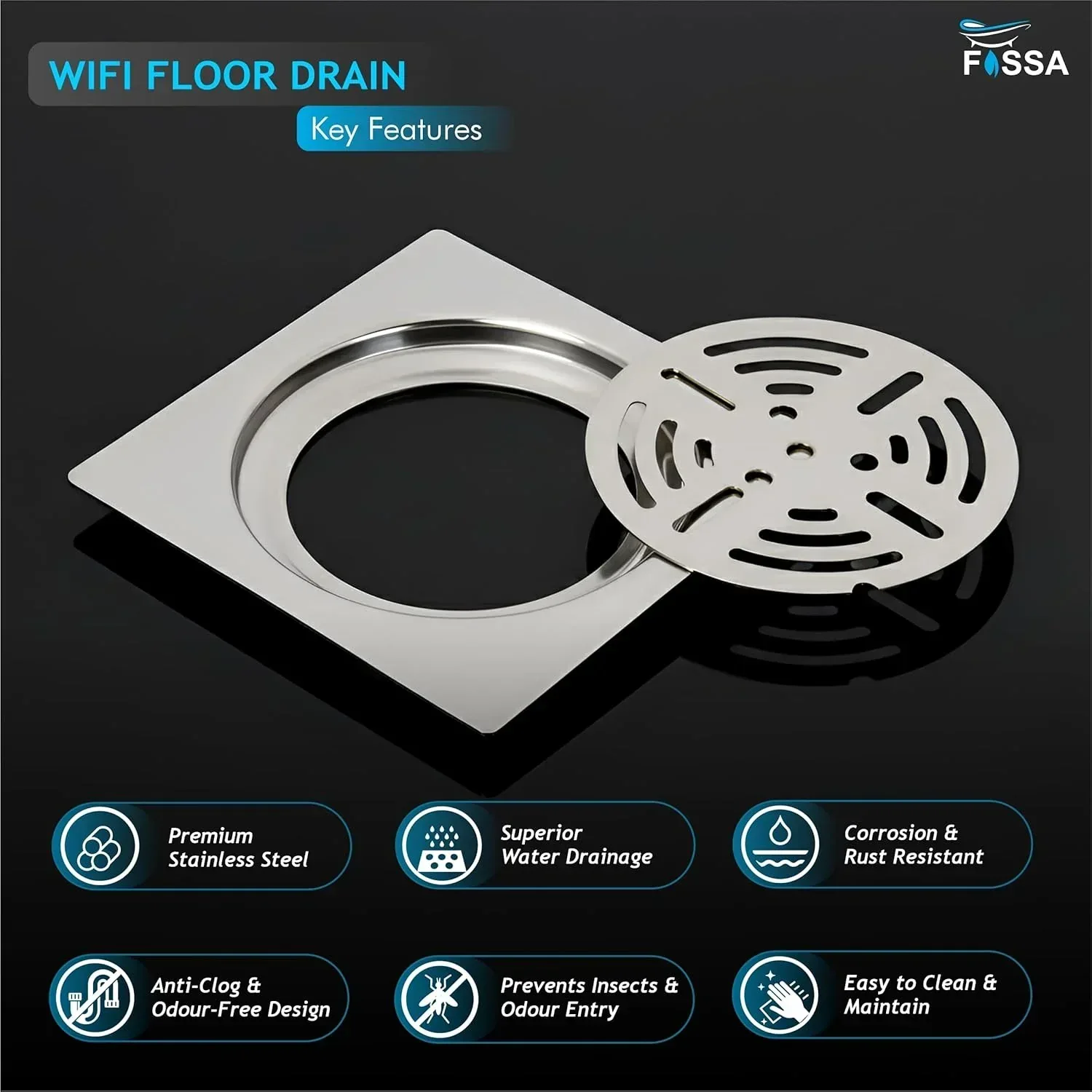 Wifi Floor Drain (5 x 5 Inches) Premium Stainlees Steel - Image 3