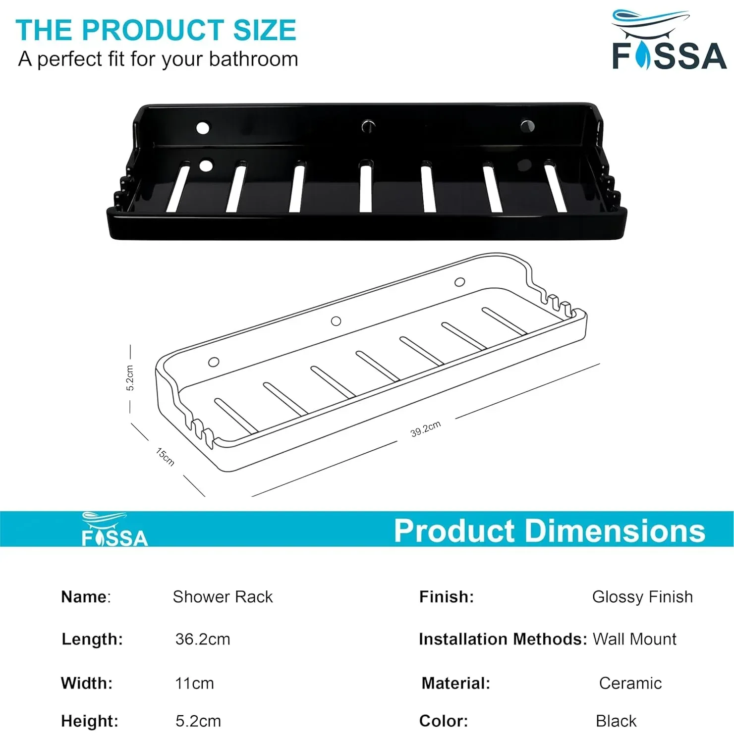 Classic Ceramic Wall Mounted Shelf Rack –  Black (Glossy Finish) (RB-129) - Image 2