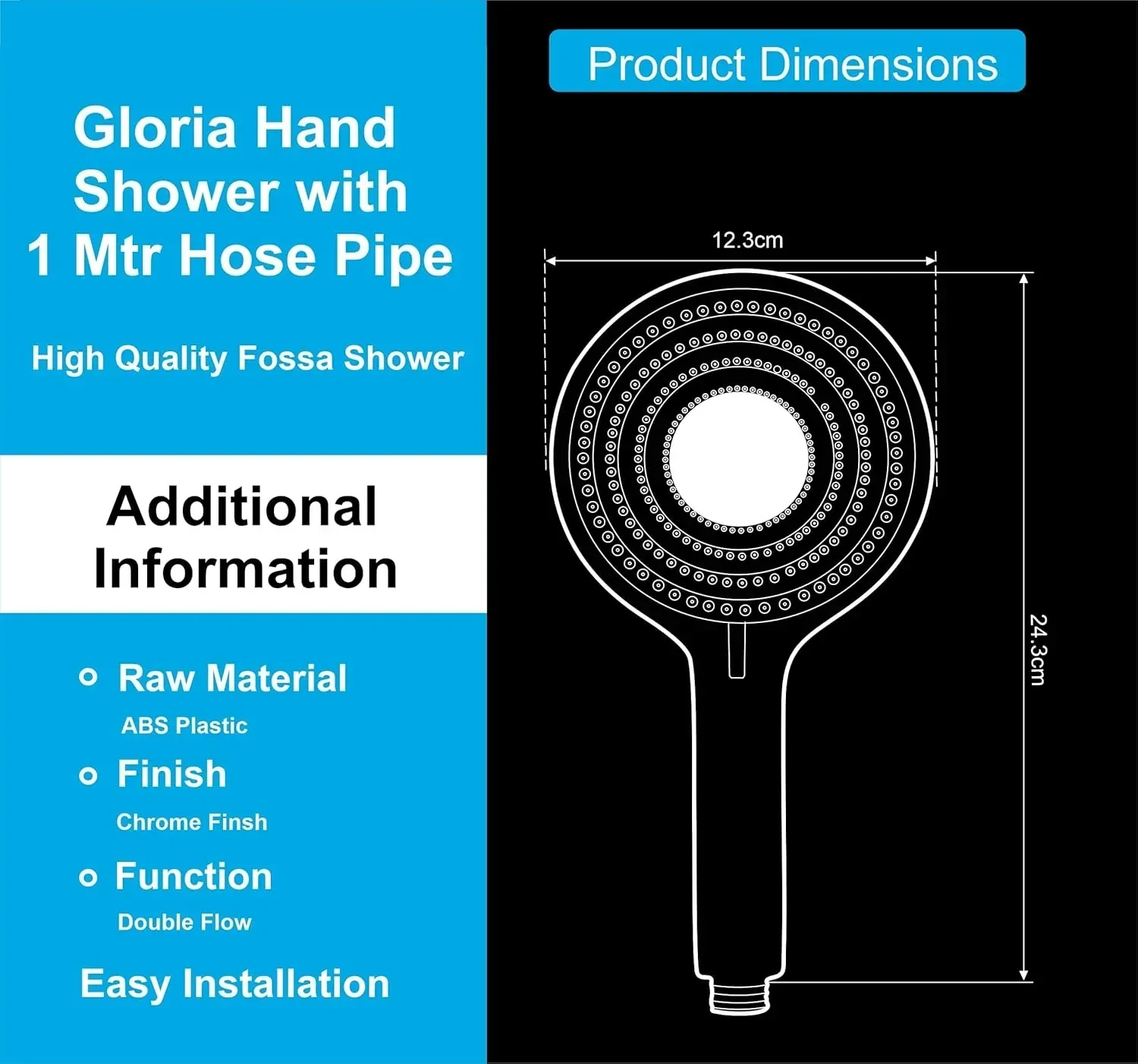 Gloria 2 Modes Chrome Finish Hand Shower With 1.5 Meter 304- Grade Stainless Steel Hose Pipe & Hook - Image 2
