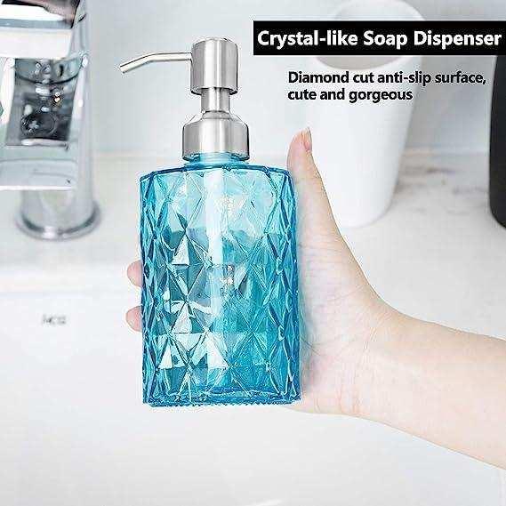 350ml Diamond White Glass Soap Dispenser Blue - Image 3