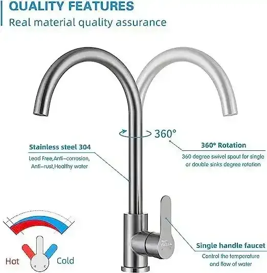 Single-Flow J Bend 360° Hot & Cold Brass Stainless Steel Kitchen Mixer Faucet Silver - Image 3