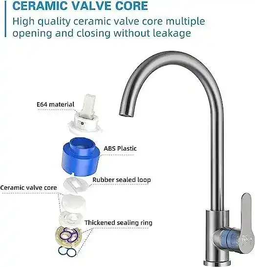 Single-Flow J Bend 360° Hot & Cold Brass Stainless Steel Kitchen Mixer Faucet Silver - Image 4