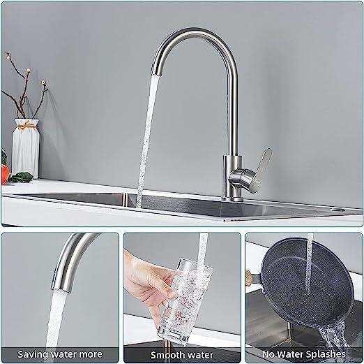 Single-Flow J Bend 360° Hot & Cold Brass Stainless Steel Kitchen Mixer Faucet Silver - Image 6