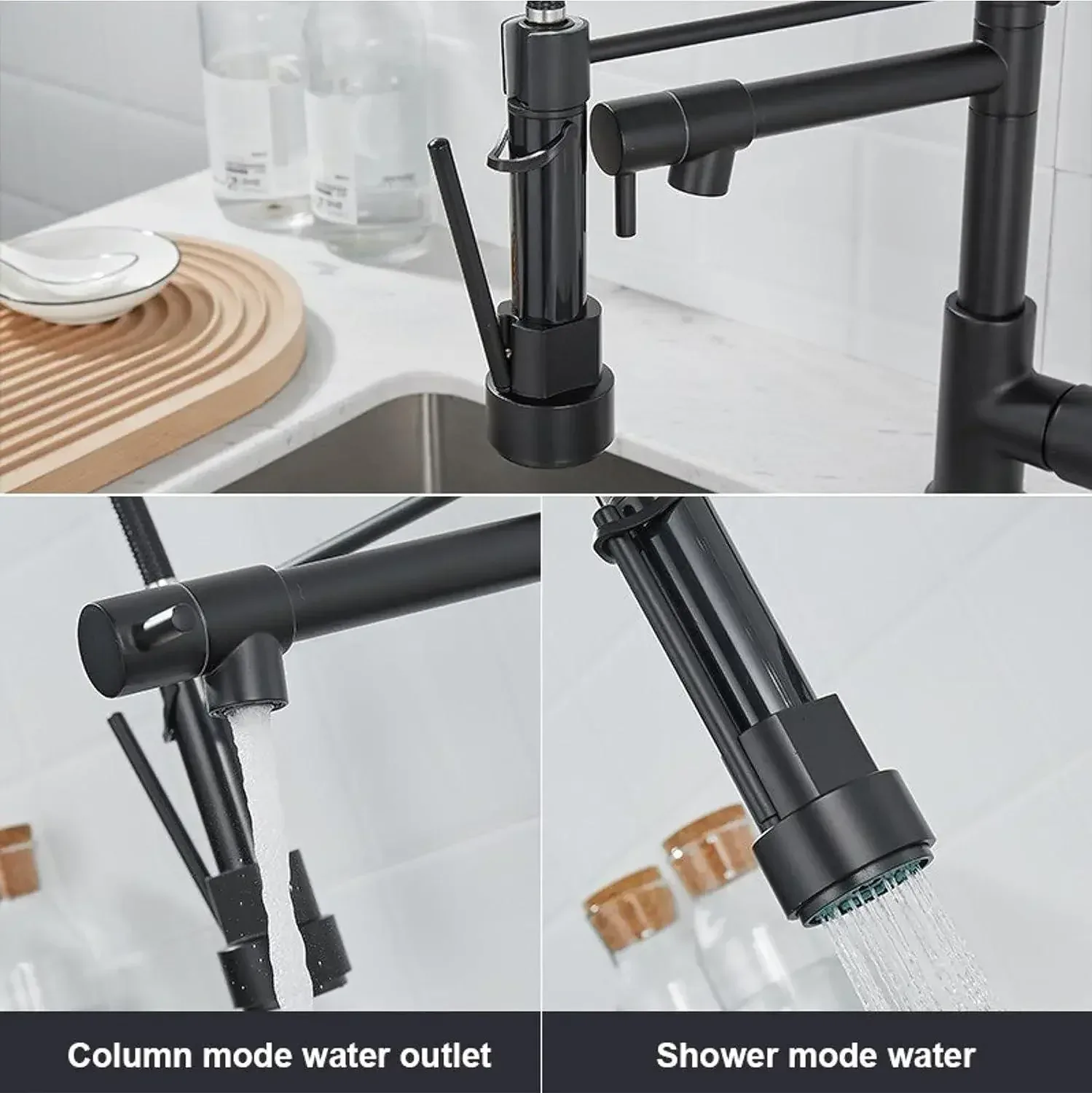 Single-Flow Dual Outlet Pull-Down SS 360° Hot & Cold Brushed Nikal Kitchen Mixer Faucet Black - Image 3