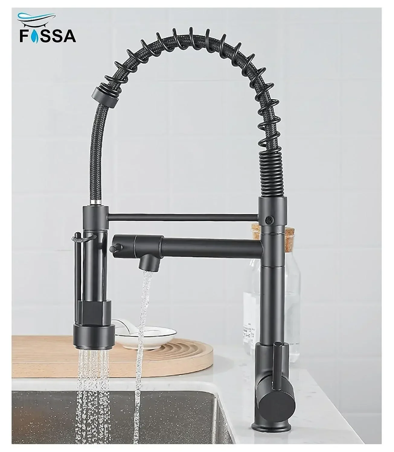 Single-Flow Dual Outlet Pull-Down SS 360° Hot & Cold Brushed Nikal Kitchen Mixer Faucet Black - Image 4