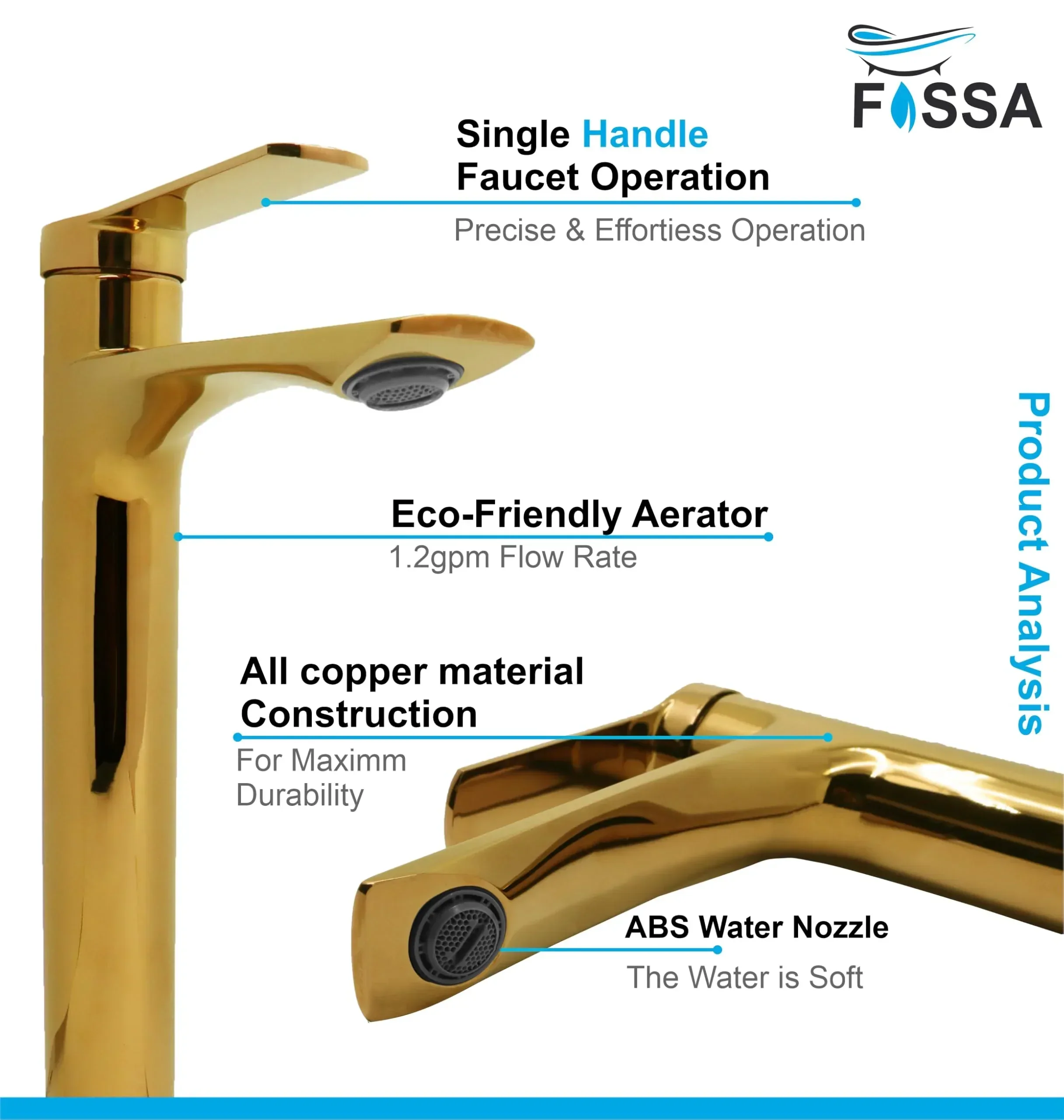 Olive Extended Body Brass Wash Basin Mixer Tap (Gold) - Image 3